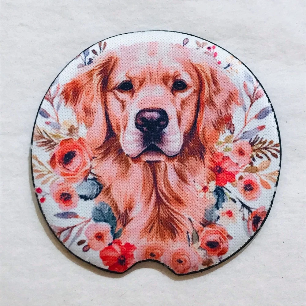 Handmade Floral Golden Retriever Dog Neoprene Car Coasters Set